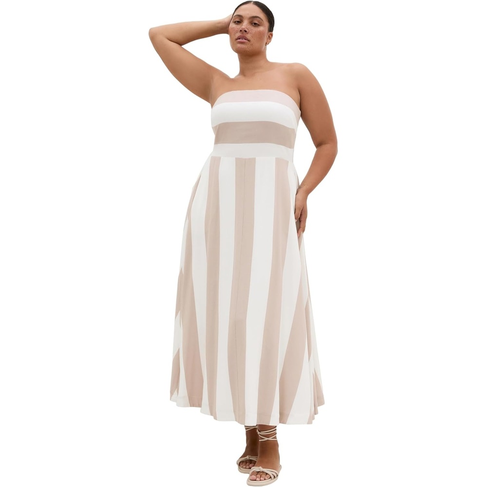 image:imageCity Chic Plus Size Dress Simone Strapless Stripe MaxiStoneIvory