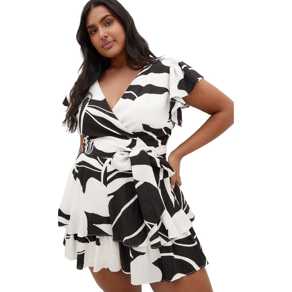 image:imageCity Chic Plus Size Playsuit  Sunny Frill Mono PrintPalm Paradise
