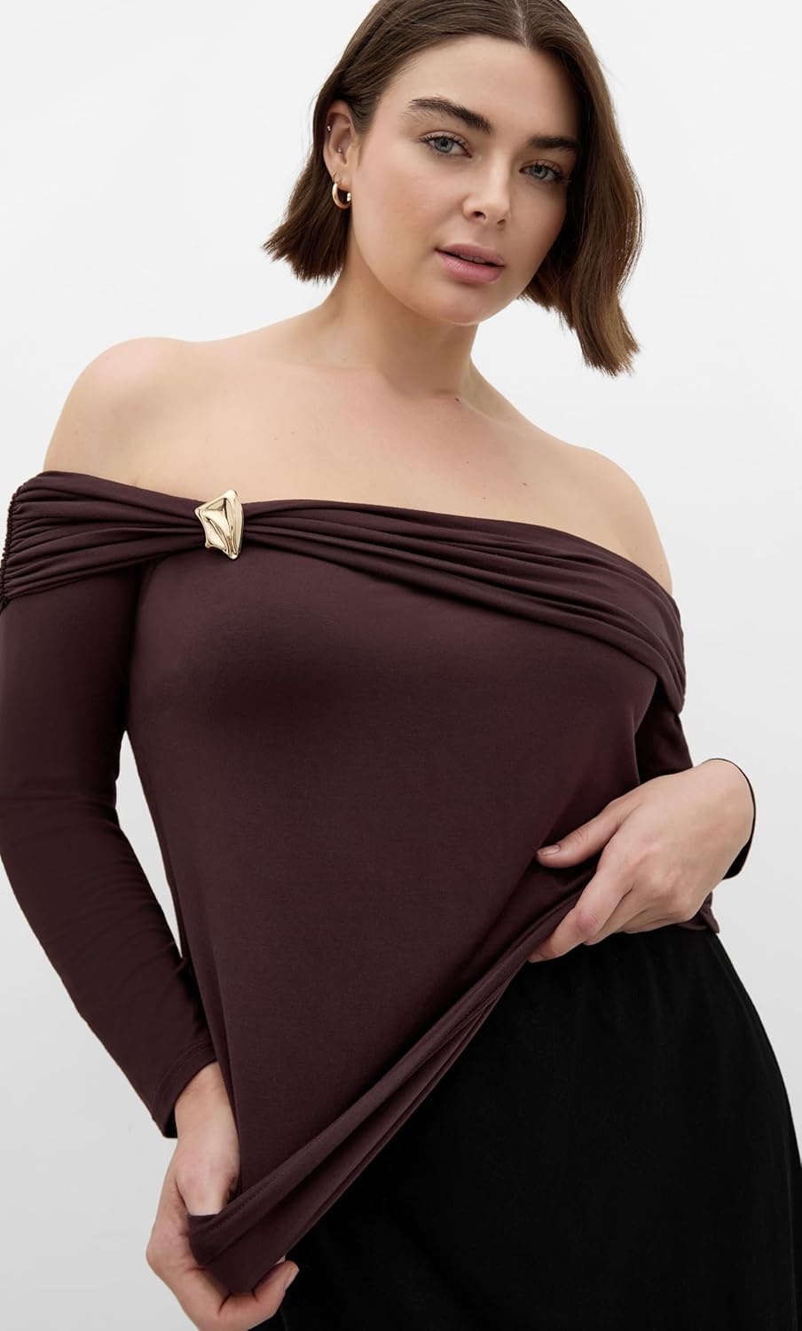 image:imageCity Chic Plus Size Top Buckle Off Shoulder Long SleeveChocolate