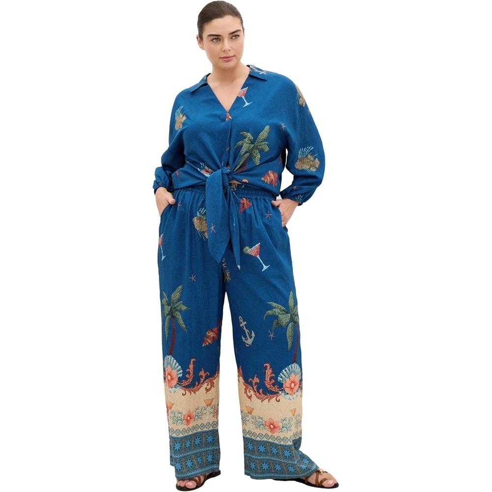 image:imageCity Chic Plus Size Pants  Tia Sea Print Wide LegNavy Sea Bdr