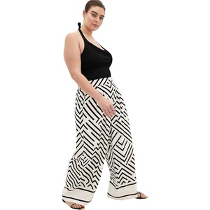 City Chic Plus Size Pants – Linear Border Print Wide Leg(Linear Bdr)